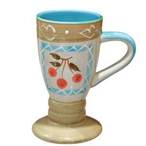 Vintage Hand-painted Fruit Pedestal Coffee Mug Cup Blue Tan Cottagecore Y2K Alco